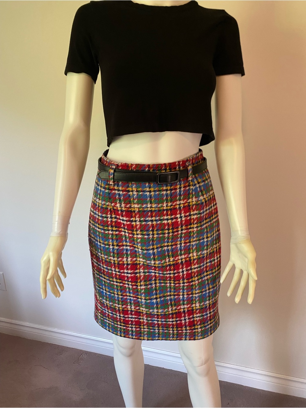 Plaid Multicolor Pencil Skirt with Slim Belt